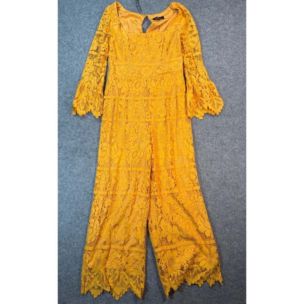 Lulus Mustard Yellow Floral Lace Bell Sleeve Wide Leg Jumpsuit Womens M Boho